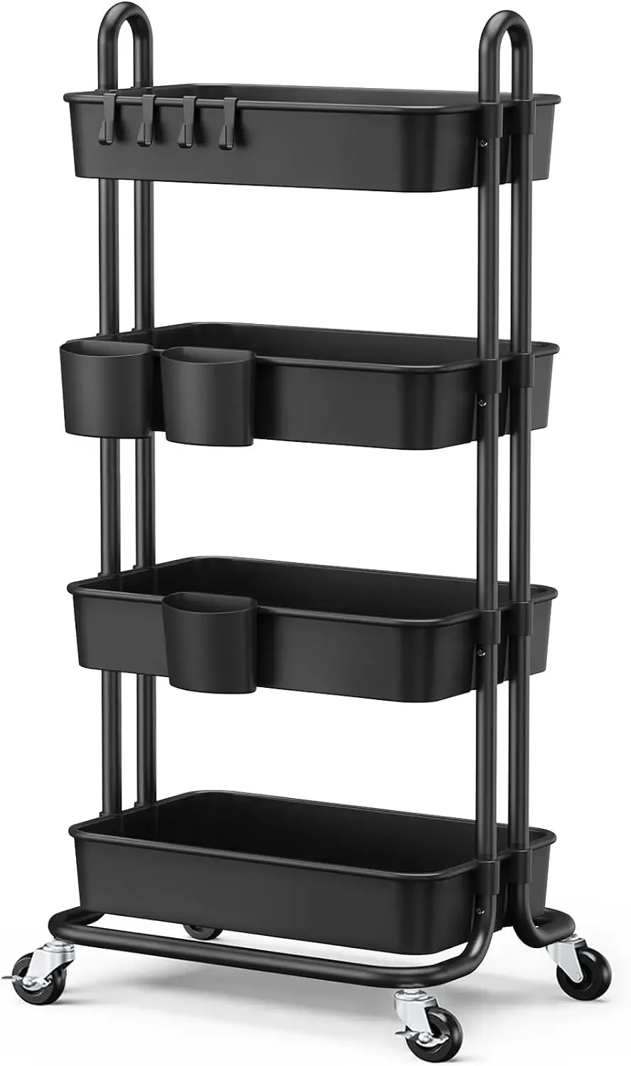 4-Tier Rolling Cart, Utility Cart with Lockable Casters, PP Plastic Storage Baskets, Hanging Cups & Hooks, Art Studio(Black)