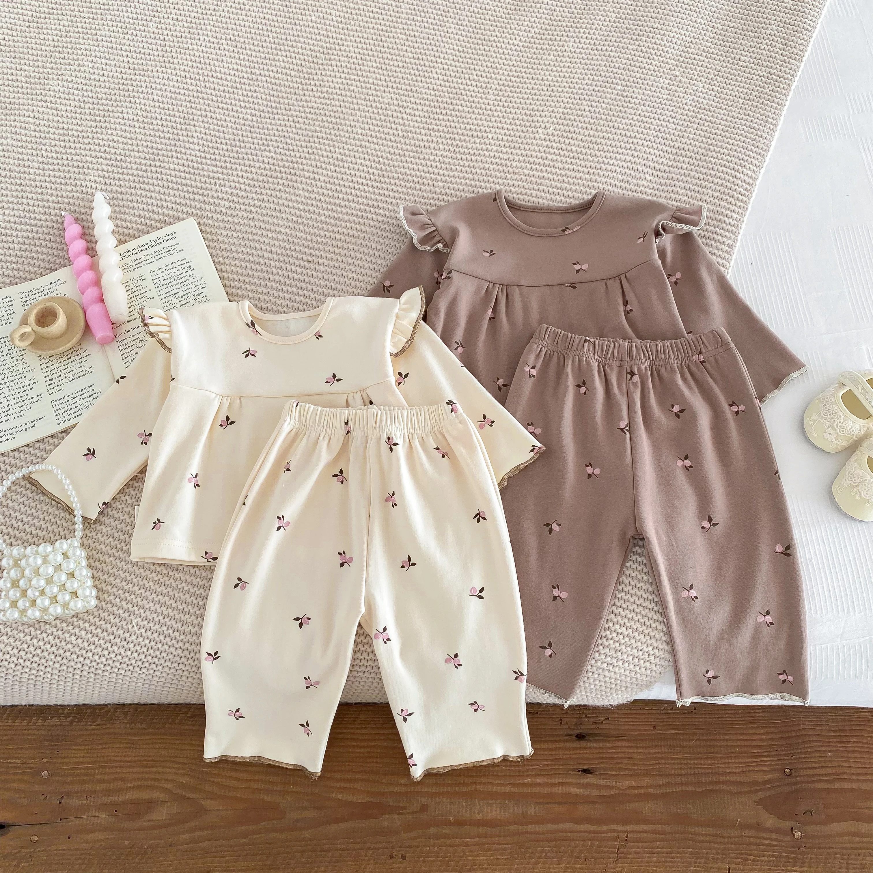 IG Fashion Newborn Clothes Baby Pajamas Boy Girl Cherry Print Long Sleeves Shirt + Pants Sleepwear Two Piece Set 0-2yrs