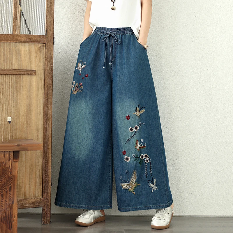 5912 Good Quality Chinese Style Butterfly Embroidery Wide Leg Jeans Women Spring Fall Fashion Thin Soft Comfortable Denim Pants