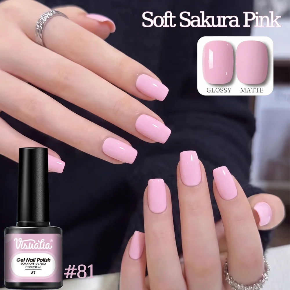 Visuatia Solid Color Gel Polish, Cherry Blossom Pink # 81, a soft and elegant pink hue, smooth and easy to apply, salon quality, long-lasting and wear-resistant, compatible with UV nail lamps, beginner-friendly, suitable for home DIY and nail salons