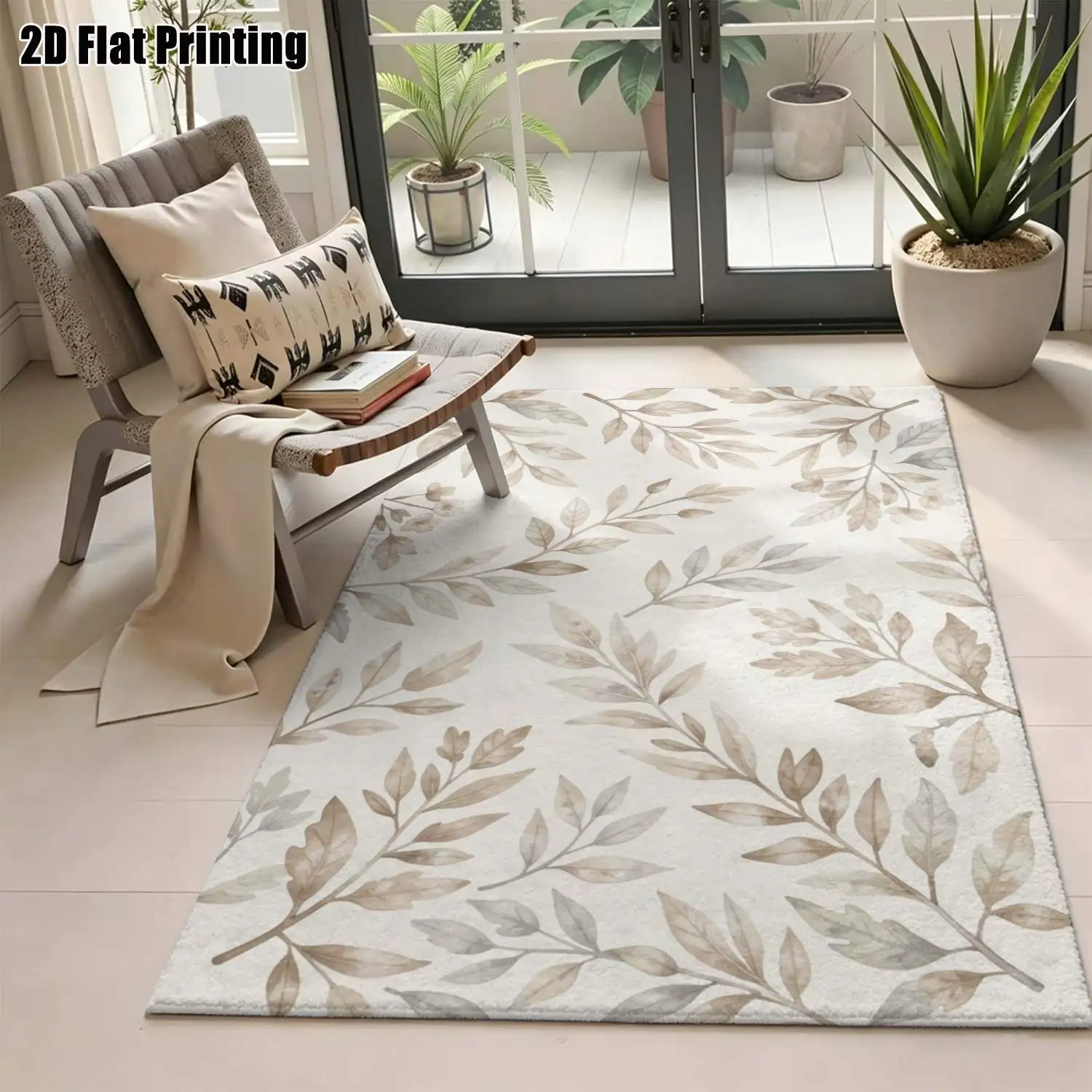 1Pc 2D Printed Carpet: Light Brown Branch&Leaf Pattern, Nordic/Instagram Style, Modern Minimalist Vintage Home Decor Rug, Multi-Size, Machine Washable, Suitable for Entrance, Dining, Foyer, Bedroom, Living Room