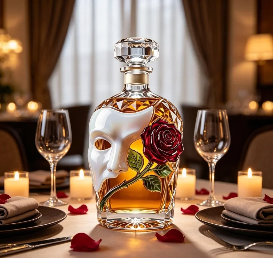 Crystal Carafe Art Glass Liquor Decanter with 3D Mask Rose Embellishment Heavy Base for Home Bar Theater Style Collection