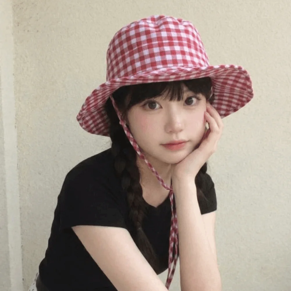 Fashion Lattice Y2k Fishmen Hat Japanese Solid Color Bucket Hat UV Protection All-match Wide Brim Sun Hat Hiking