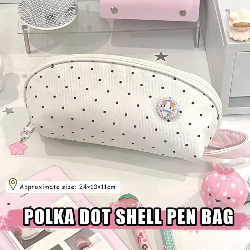 Niedliche weiße Polka-Dot-Federtasche mit großer Kapazität für Schüler, zur Aufbewahrung von Schulschreibwaren im täglichen Gebrauch. – Detail 1