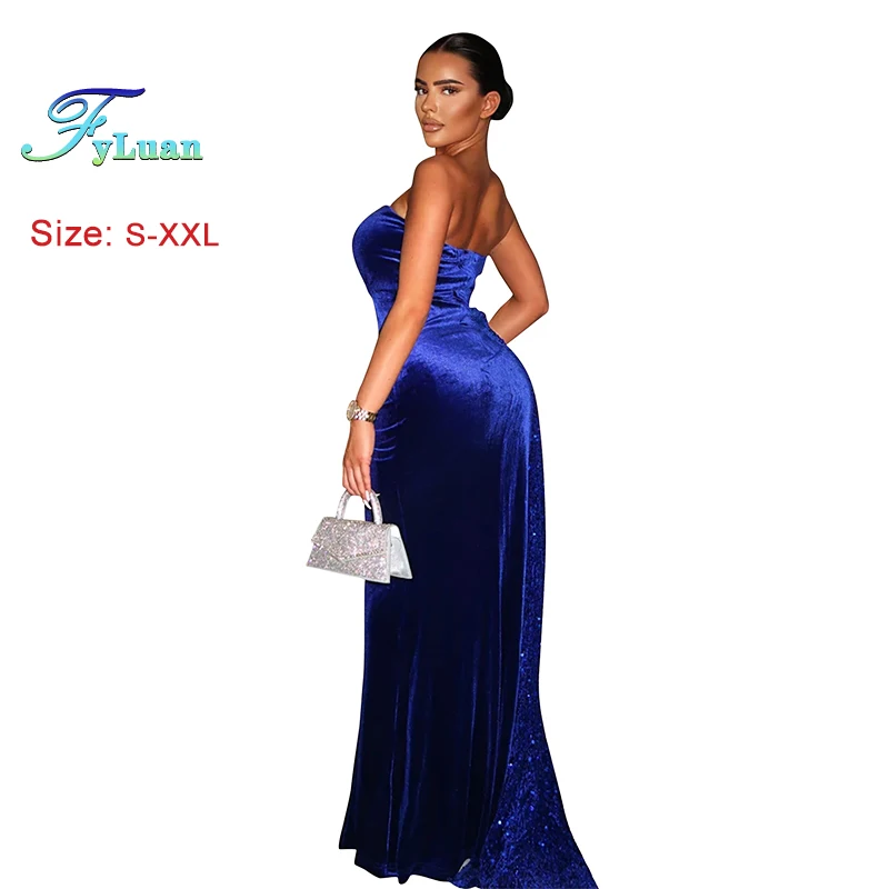 우아한 반짝 이는 여성 Bodycon 긴 드레스 섹시한 백 레이스 하이 웨이스트 스팽글 스플 라이스 Strapless 벨벳 인어 패키지 힙 스커트