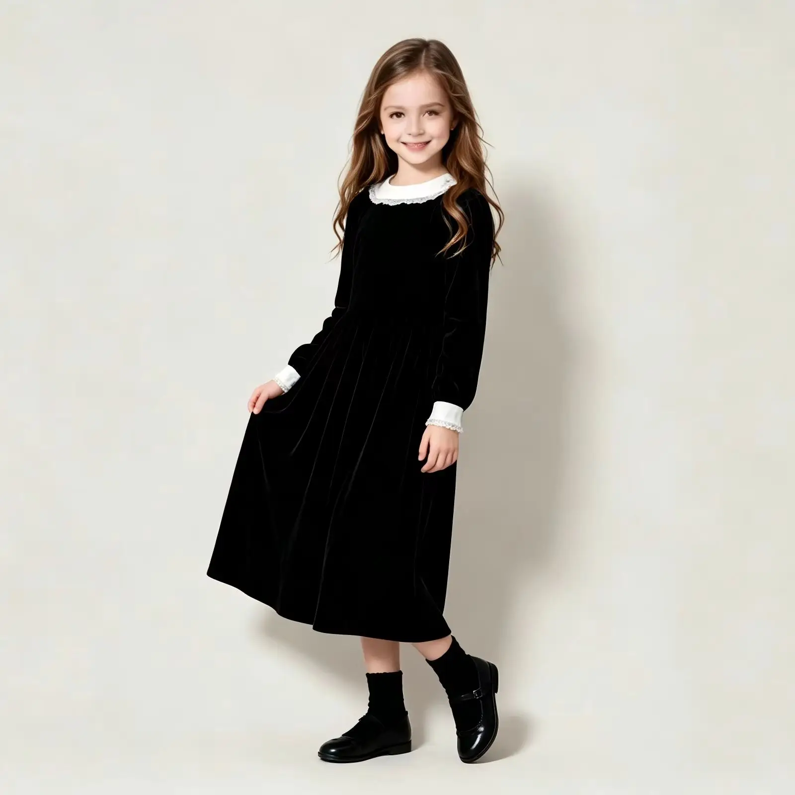 Black Velvet Mom and Me Matching Dresses Long Sleeve Lace Splicing Family Outfit Back 5 Buttons Girls Elegant Dress Wedding Birt