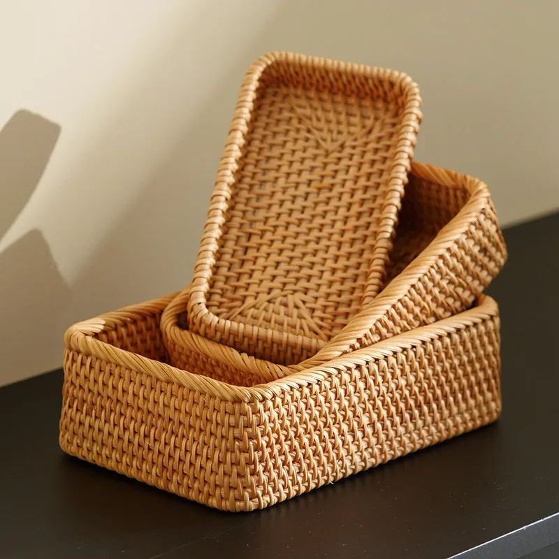 Rattanowy organizer do makijażu Premium Woven Desktop Storage for Cosmetics Skincare Prostokątna ozdobna taca Szuflada do sypialni