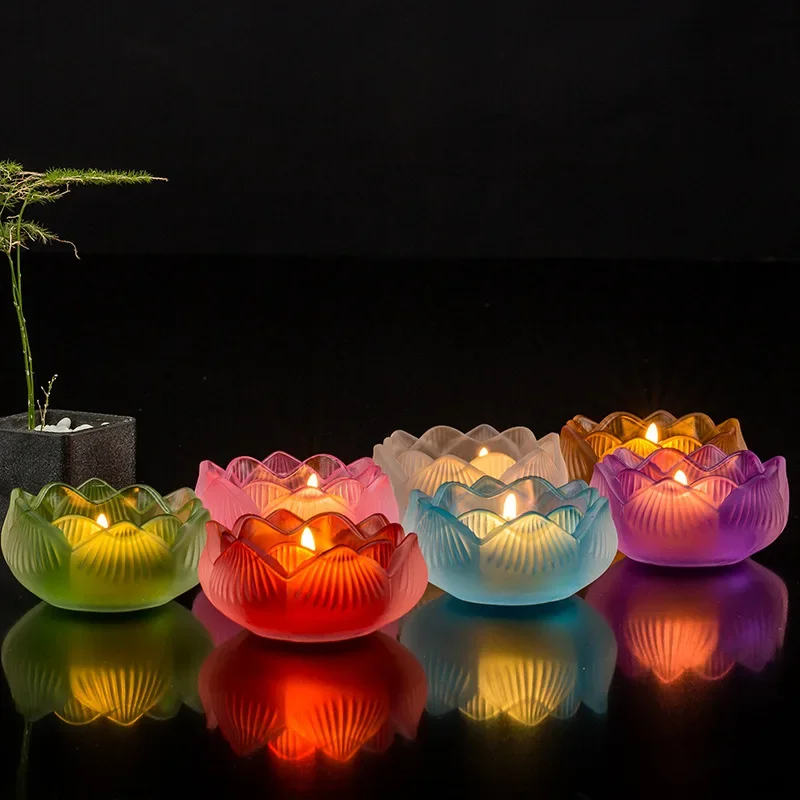 Bougeoirs Lotus en verre, supports de lampe de beurre de Lotus en verre coloré, décoration de bouddha artisanale créative de ménage simple