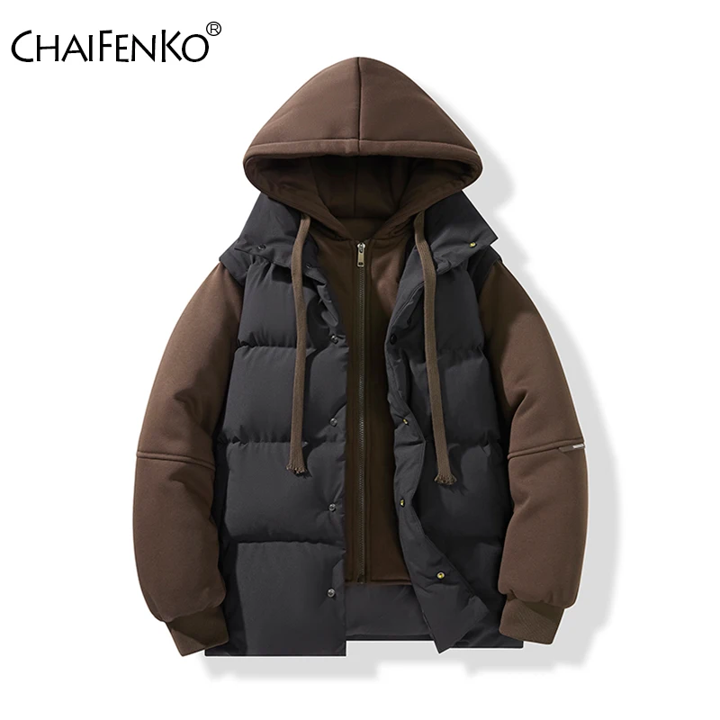 

Новая мода ложное мужское пальто из двух предметов зимнее утепленное удобное пальто на открытом воздухе ветрозащитная повседневная однотонная парка с капюшоном