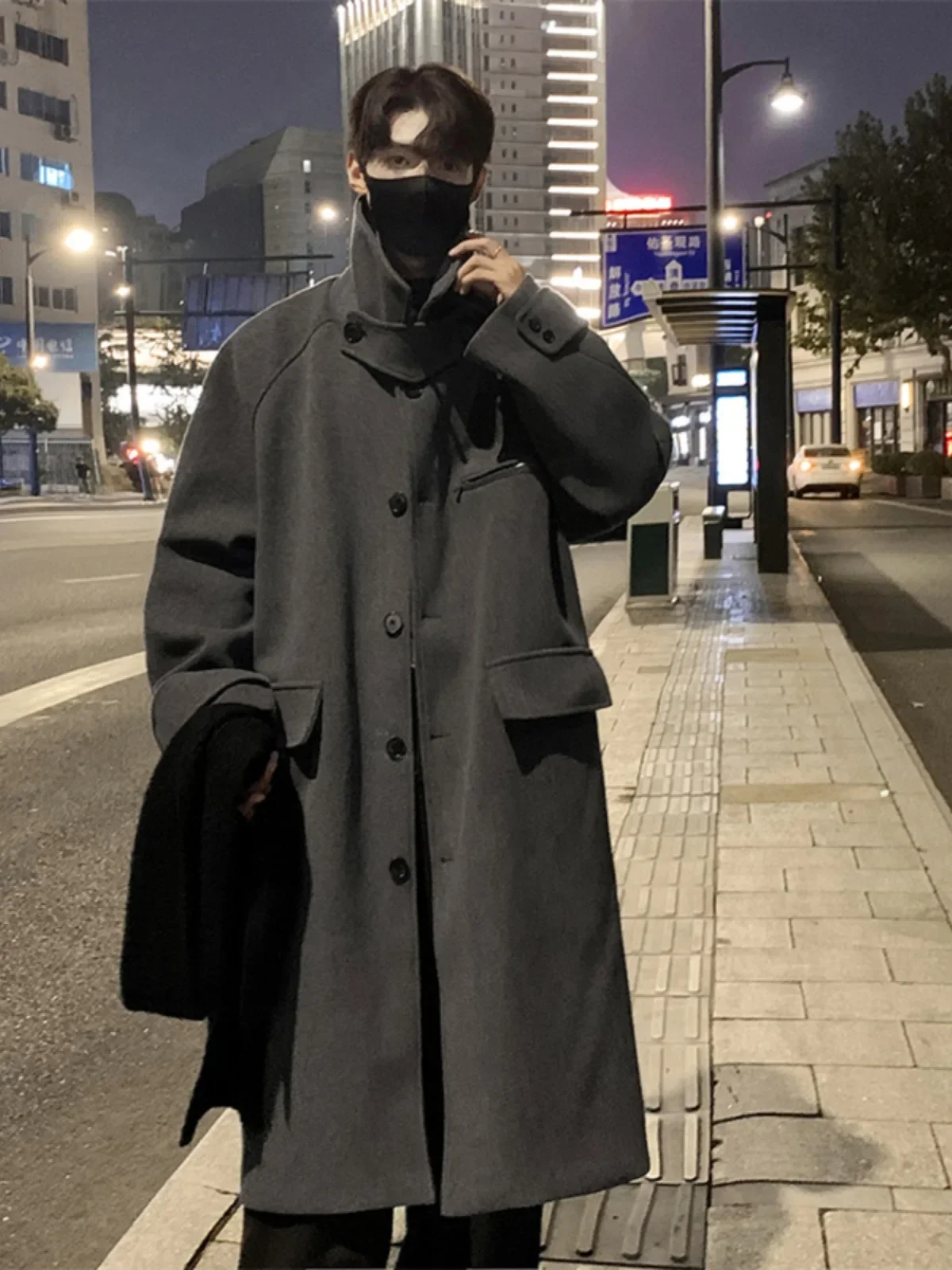 700G heavy long woolen coat men's autumn and winter American lazy style design sense niche trendy trench coat