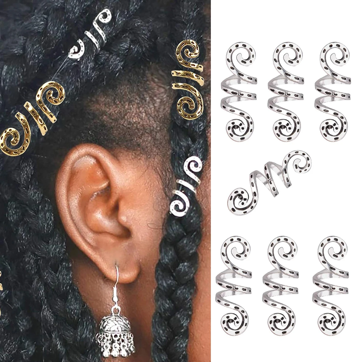 10Pcs/Pack Golden Silver Viking Spiral Charms Hair Braid Dread Dreadlock Beads Clips Cuffs Rings Jewelry Accessories