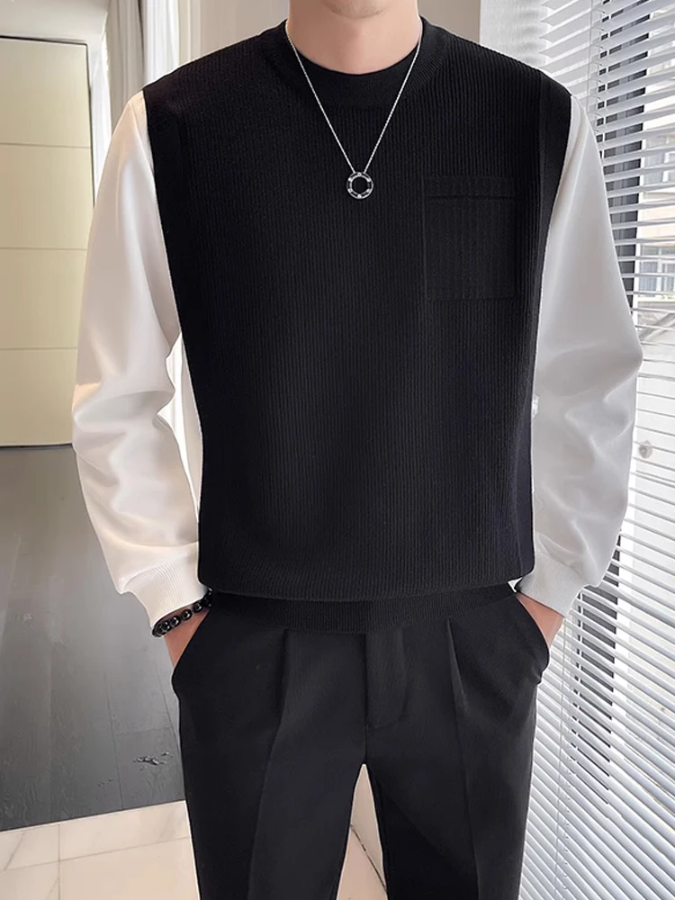 

Мужской вязаный свитер с круглым вырезом, имитация двухслойности, зимний, модный, повседневный, свободного кроя, с длинными рукавами, хлопок/полиэстер