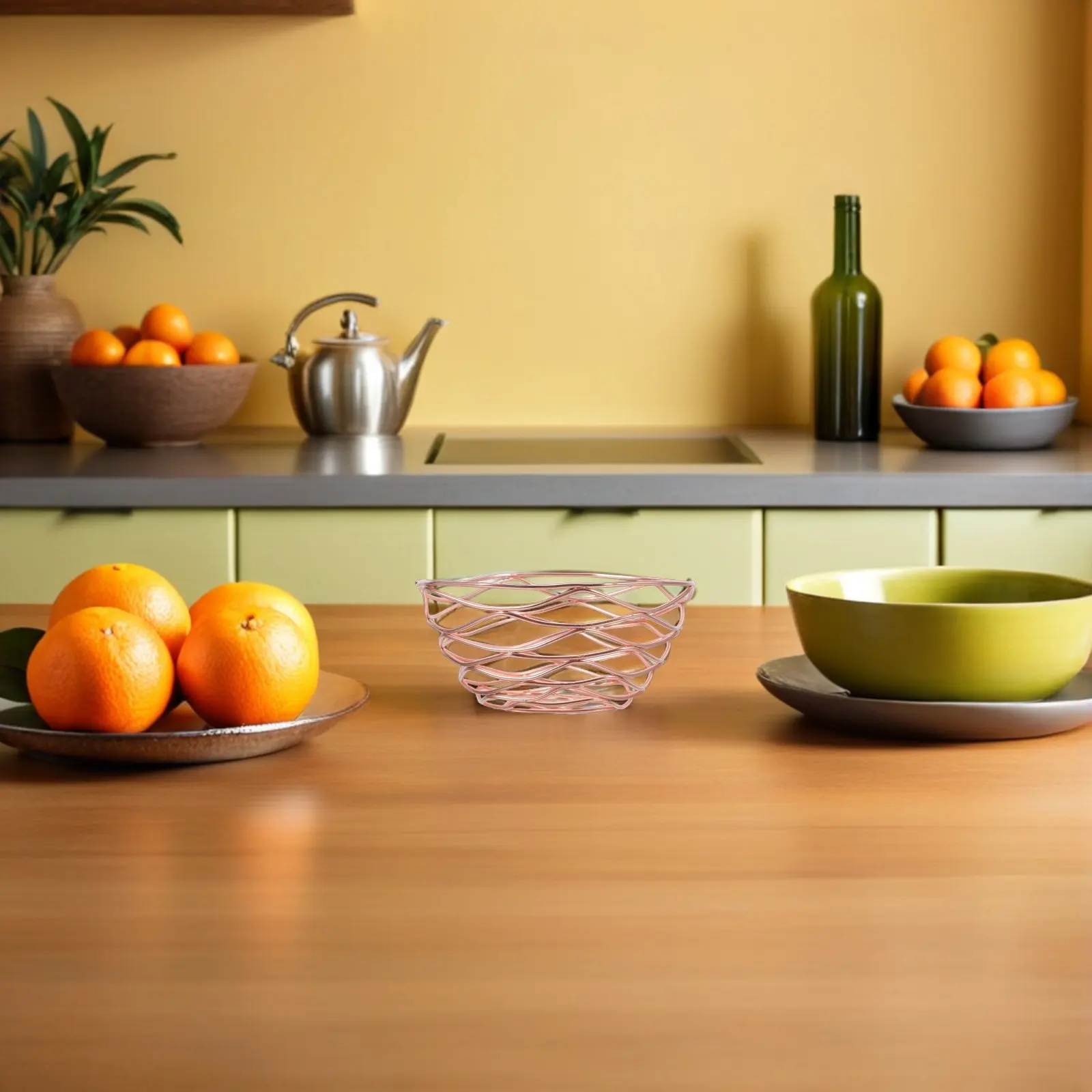 Iron Fruit Basket Bowl Rose Gold Decorative Round Fruit Vegetable Storage Basket Kitchen Counter Organizer Bread Snack Produce