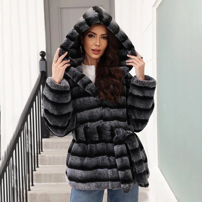 Winter Best Seller Fashion Women's Striped Casual Trendy Loose Elegant Luxury Long Sleeve Hooded Faux Fur Coats Female Clothes