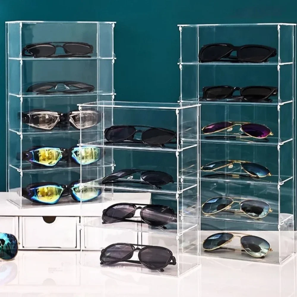yesAcrylic Glasses Display Storage Figurines Doll Stand Toy Organizer Dust Proof Sunglasses Organizer Storage Shelves Transparen