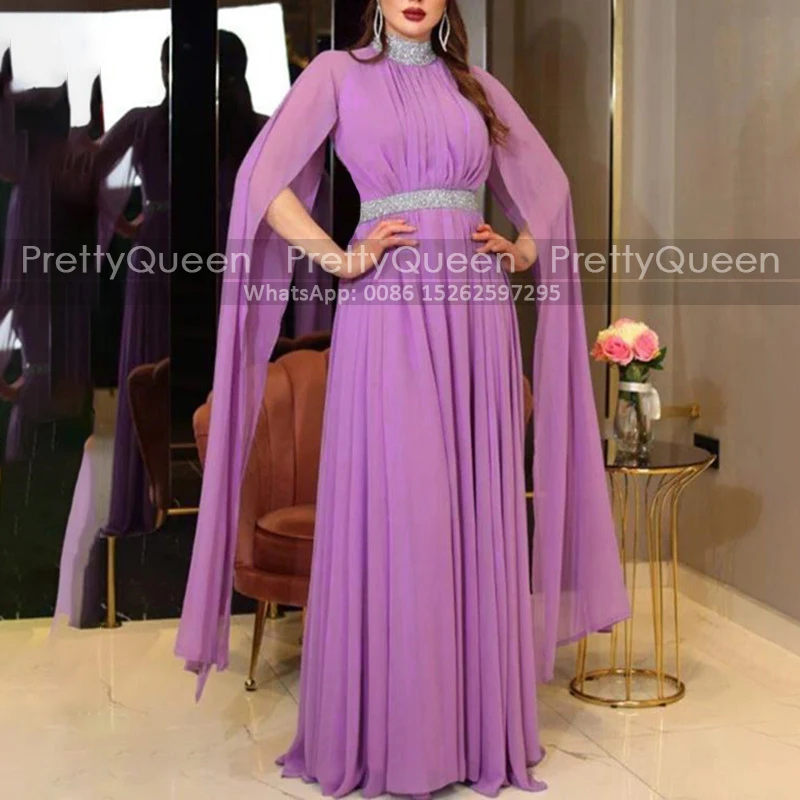 Customized Arabic Women A Line Mother of the Bride Dresses With Long Sleeves Heavily Beaded High Neck Chiffon Prom Dress Party