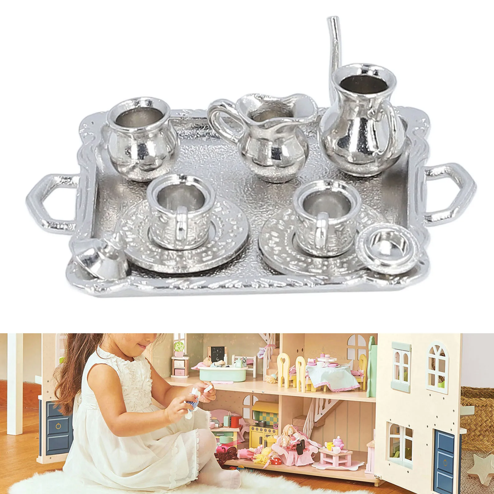 ZK20 Miniature Tea Set Lifelike Alloy Dollhouse Tea Set Interactive Teapot Cup Plate Educational Dollhouse Kitchen Accessories