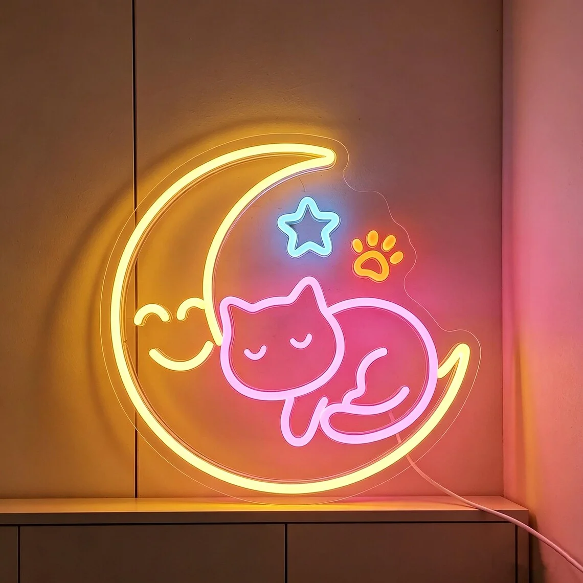 Moon and Cat Neon Sign Cat Paw Star Neon for Bedroom Bar Club Wall Decor Big Size