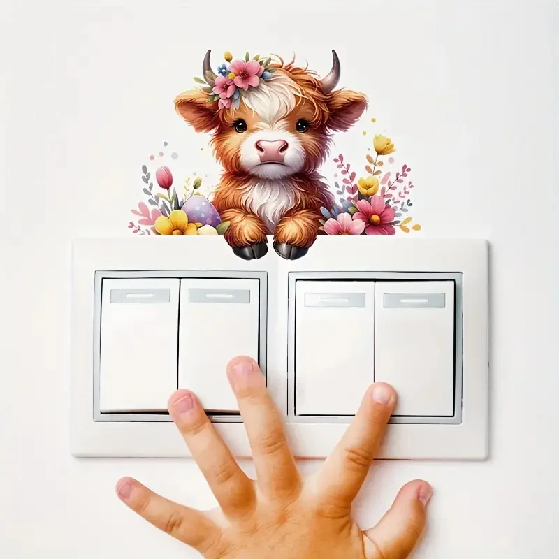 Highland Cow Flower and Switch Stickers Stickers Decoration for Living Room, Wall, Bedroom, Toilet and Home Decor Car Decals