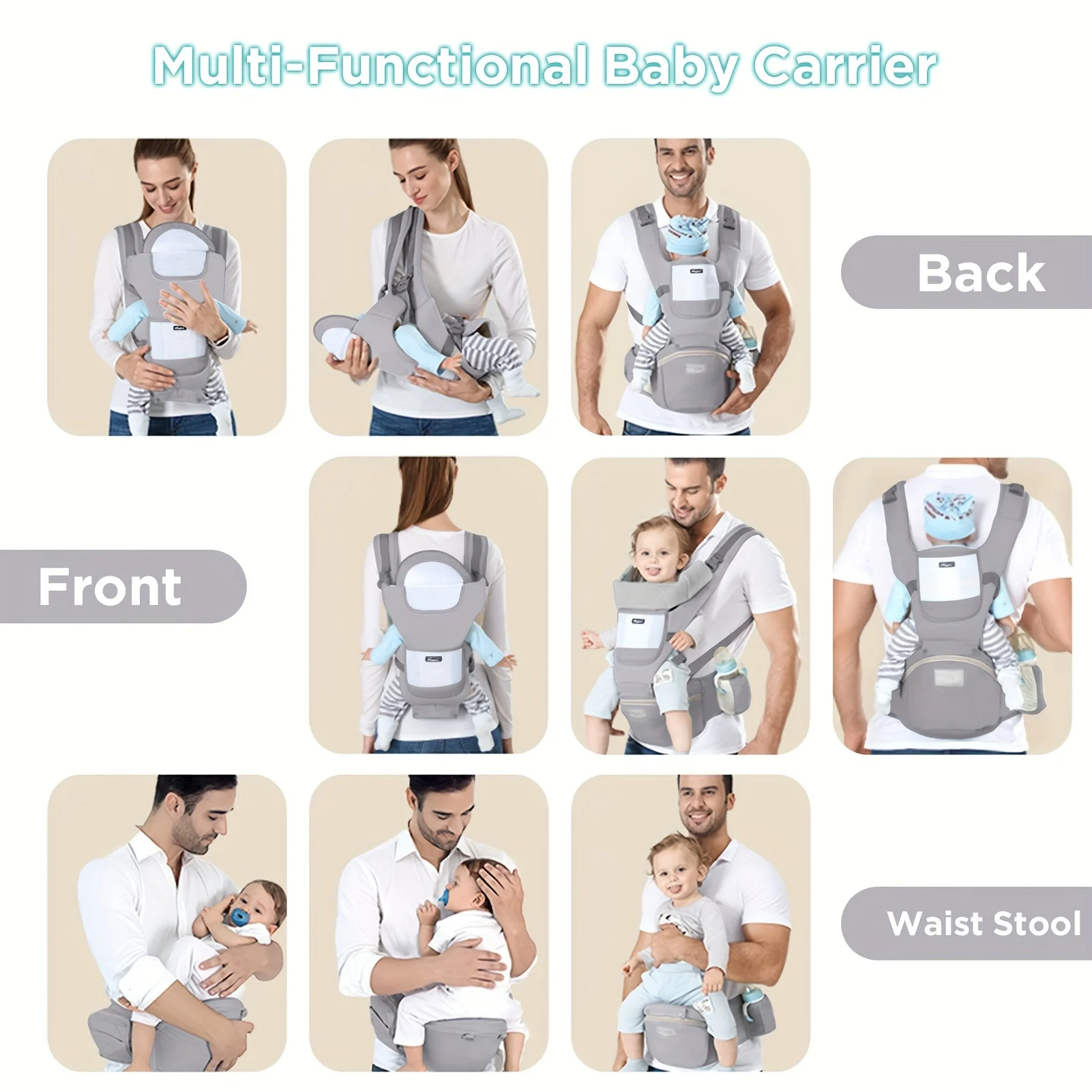 Image 6: Porte-bébé multifonctionnel pour bébé, tabouret de taille, nouveau-né à tout-petit, avant et après, accessoires de sac kangourou, porte-bébé 6 en 1