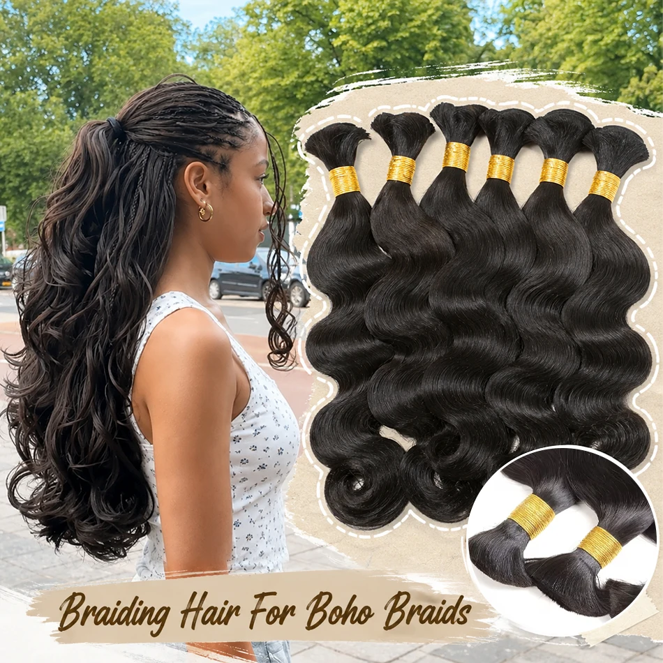 Body Wave Human Braiding Hair For Boho Braids Burmese Curly Bulk Human Hair 10-30 Inch No Weft 1/2/3/4 PCS Natural Black Virgin Boho Braids Hair For Women