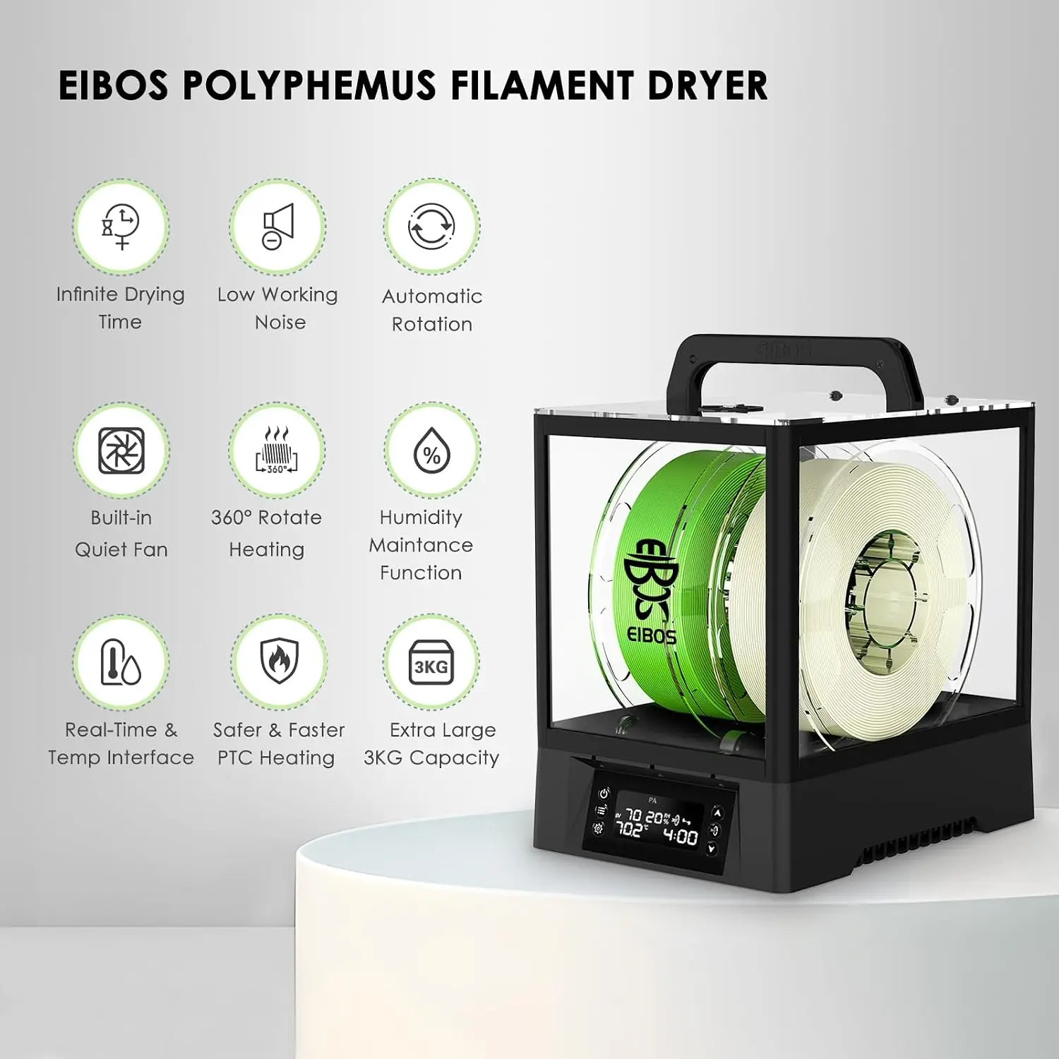 ^For [Upgraded 2026] 3D Printer Filament Dryer Box Polyphemus with Fan, Spool Dry Box with Auto-Rotation, Auto-Humidity Hold, La