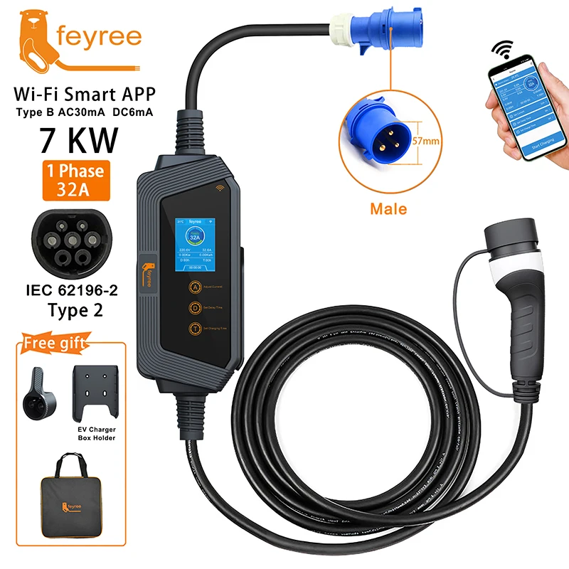 feyree EVSE Wallbox Type2 Cable EV Car Chager 7KW 11KW 22KW Electric Vehicle Charging Station with APP WIFI Control IEC62196-2