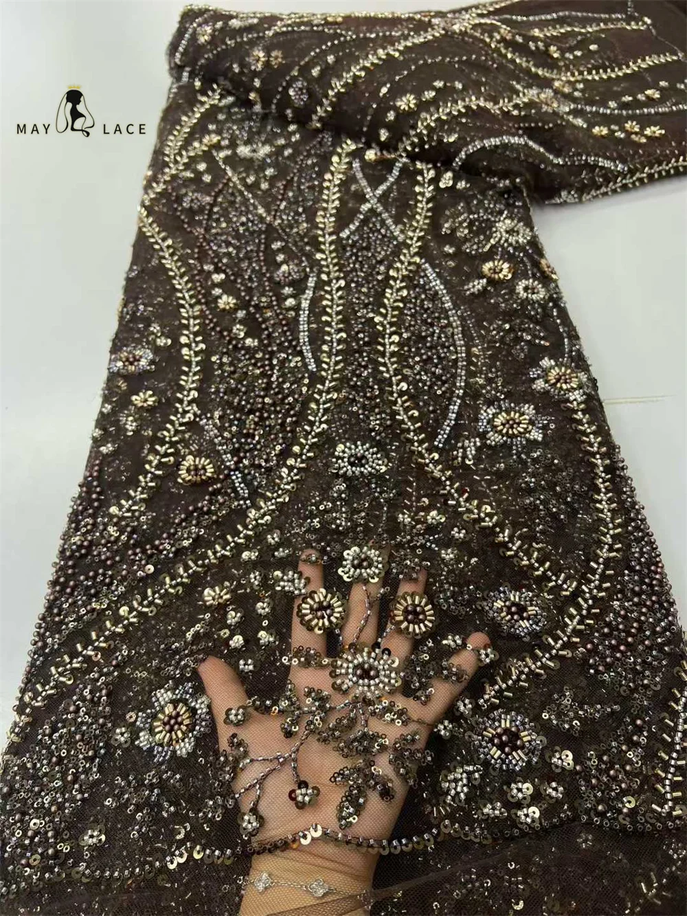 

African Beaded Lace Fabric 2026 High-Quality Lace French Nigerian Sequined Lace Fabric For Women's Wedding Party Dress Sewing