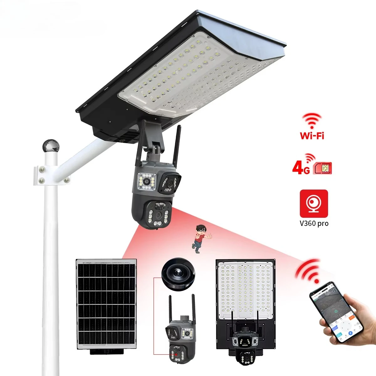 

2 in 1 CCTV Integrated Solar Security Street Light With 360 Dual Camera WiFi 4G and Motion Detection