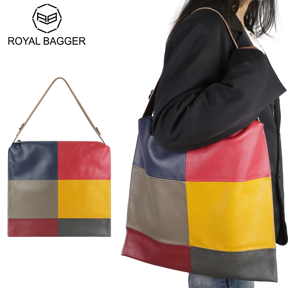 Royal Bagger Retro Color Patchwork Tote Bags Genuine Leather Thin Handbag Fashion Simple Shoulder Crossbody Bag for Women 2741