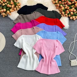 Knit T Shirts Women Sexy Square Collar Short Sleeve Slim Stretchy Tshirt Crop Top 2022 Summer Tees For Lady