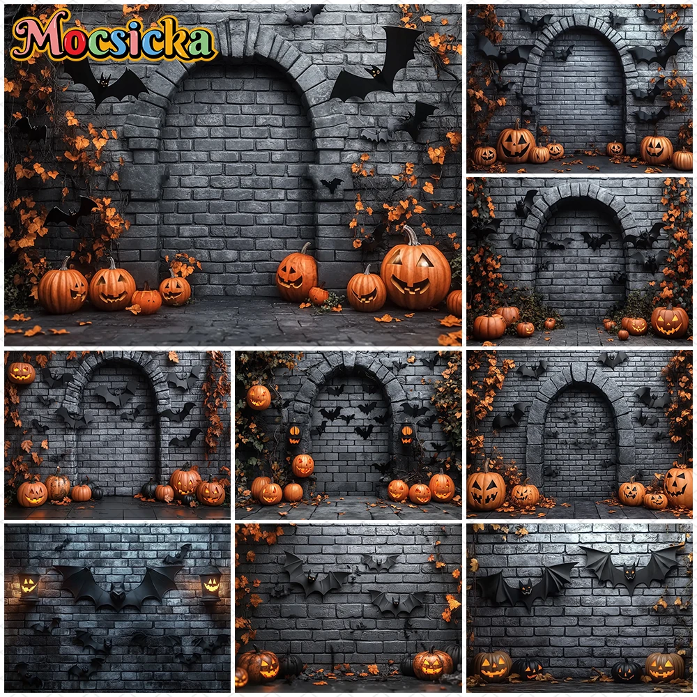 Mocsicka Halloween Photography Background Grey Brick Wall Bats Decorations Autumn Pumpkin Party Photo Backdrops Studio Wallpaper