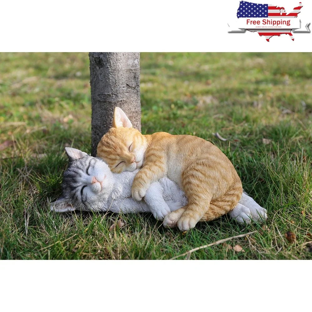 

Realistic Orange Grey Tabbies Cat Statue Lawn Yard Indoor Outdoor Durable Polyresin Sleeping Cats Decorative Figure 10.75 Inches