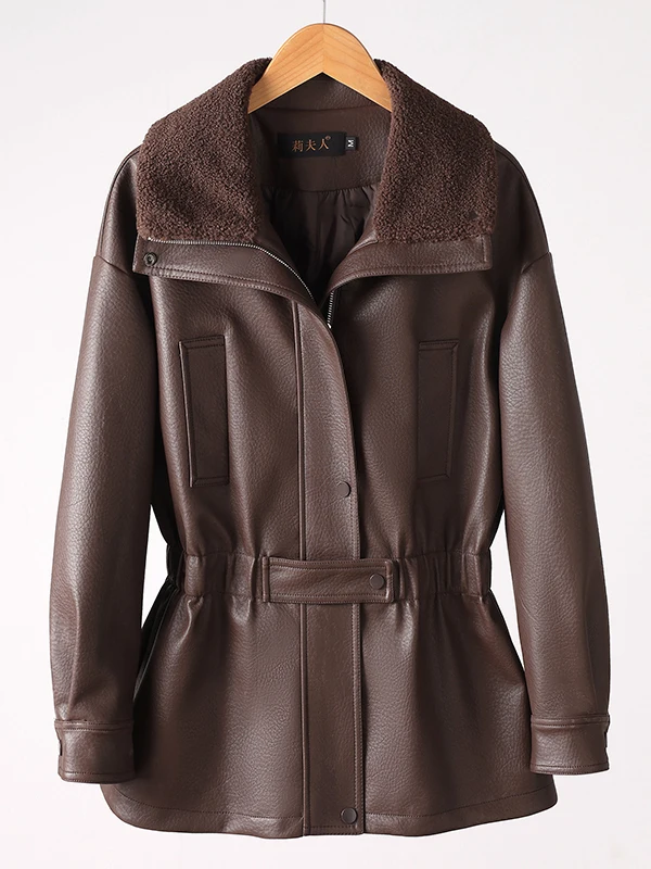  Ning Genuine Leather down Jaet Women's Mid-Length Thiened Winter New Sle Waist-Cinching Slimming Biker Coat