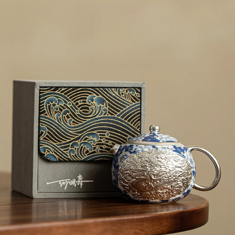 230ml Master He Fusen Hand Made Silver Gilded Dragon And Phoenix XiShi Tea Pot Silvering Tea Set Blue&White KungFu Tea Set