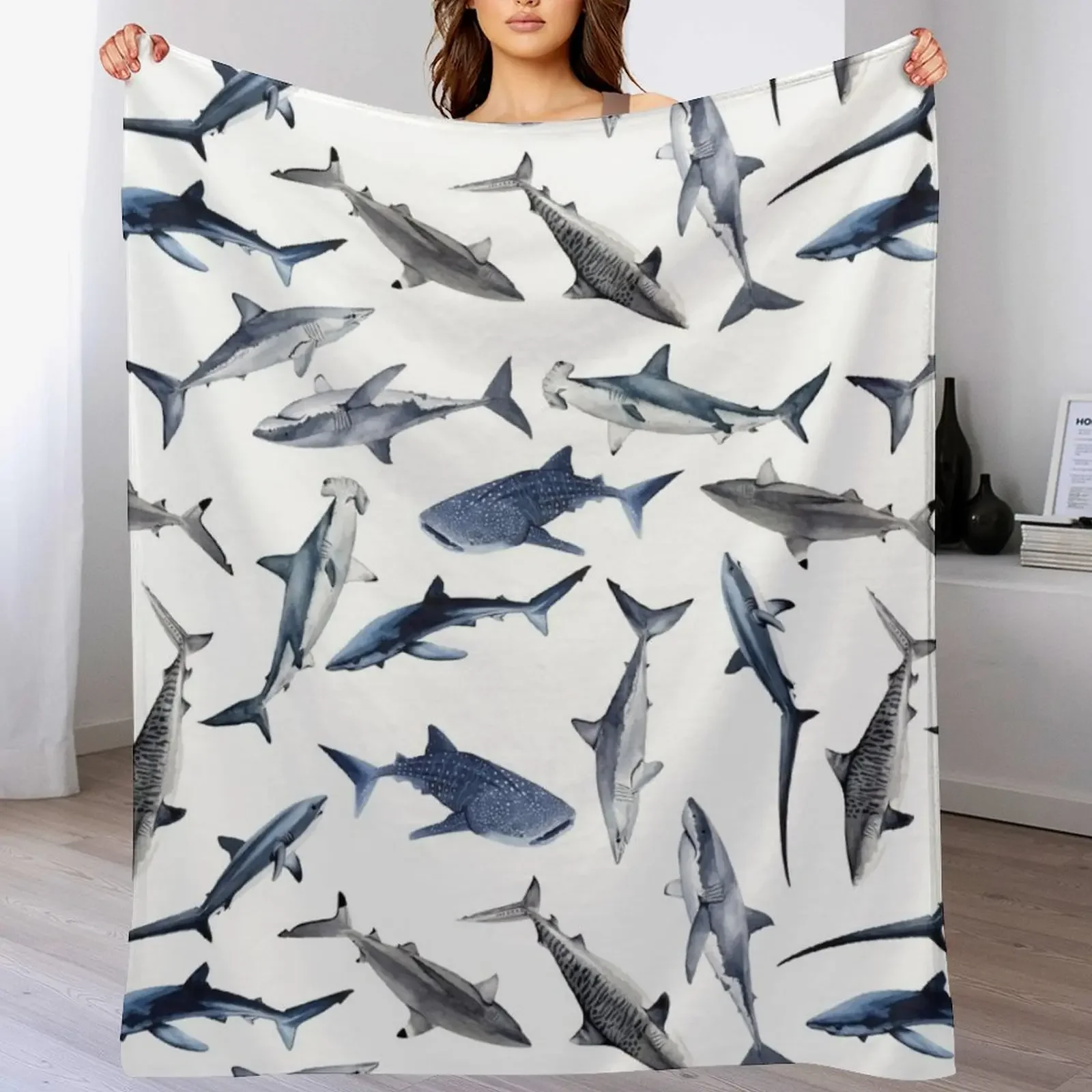 SHARKS PATTERN (WHITE) Throw Blanket Warm Throw Blanket Gift for Anniversary