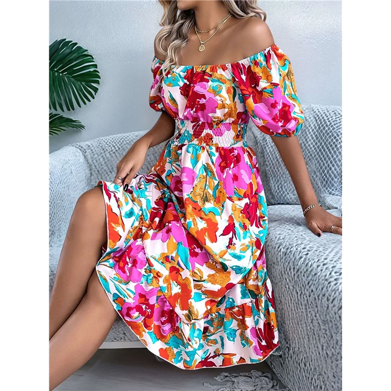 ผู้หญิงฤดูร้อนชุดลําลอง 2025 ฤดูใบไม้ผลิพัฟแขนสแควร์คอ A-Line Flowy Boho ดอกไม้ Smocked MIDI ชุด