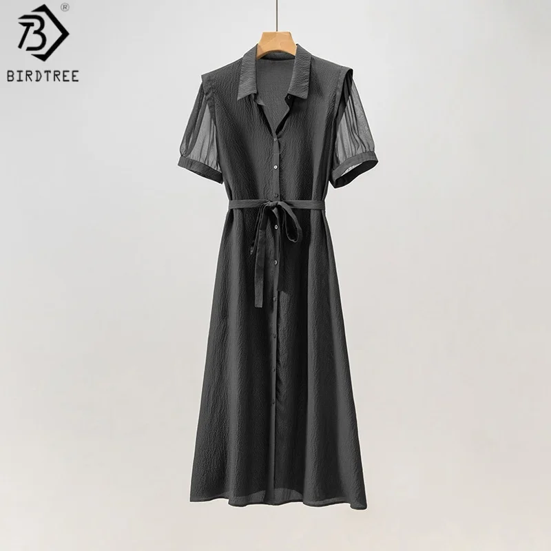 BirdTree,100% Real Silk Print Dress,Short Sleeve,Women's Jacquard Crepe Lapel Dresses,Commuting style,2026 Spring New D61530JF