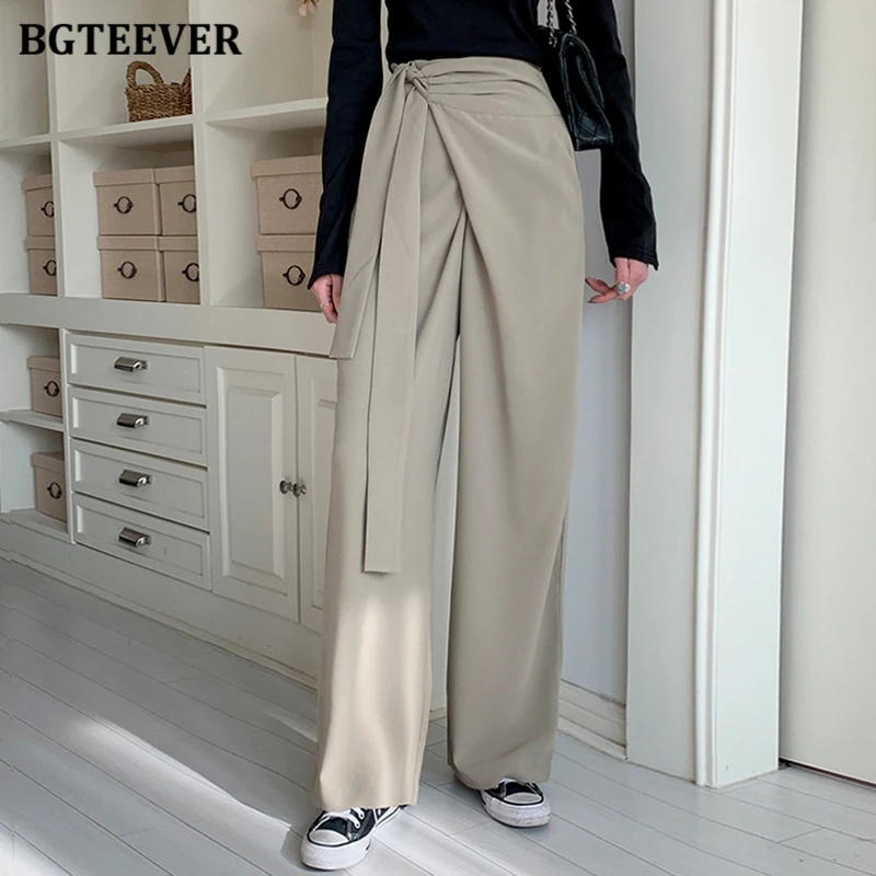 BGTEEVER Summer Stylish Lace-up High Waist Female Wide Leg Suit Pants Elegant Loose Women Solid Floor-Length Straight Trousers