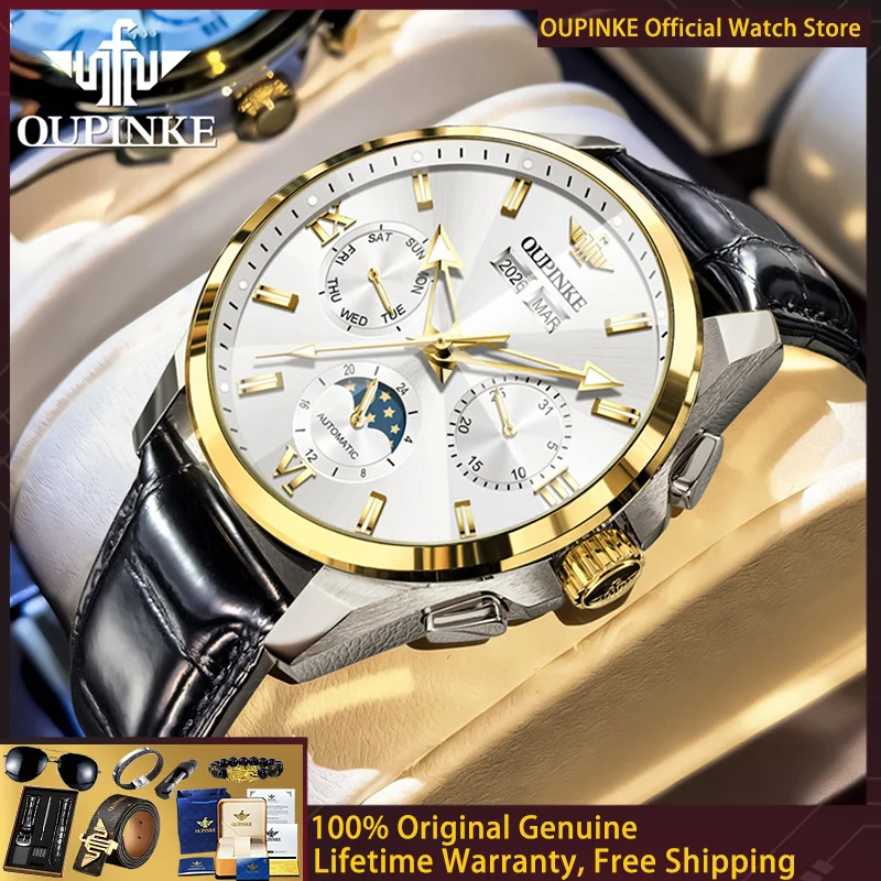 

Мужские автоматические часы OUPINKE 3325 класса люкс с ромбовидным сапфировым стеклом, индикатором фаз луны, кожаным ремешком, оригинальные механические часы для повседневной носки.