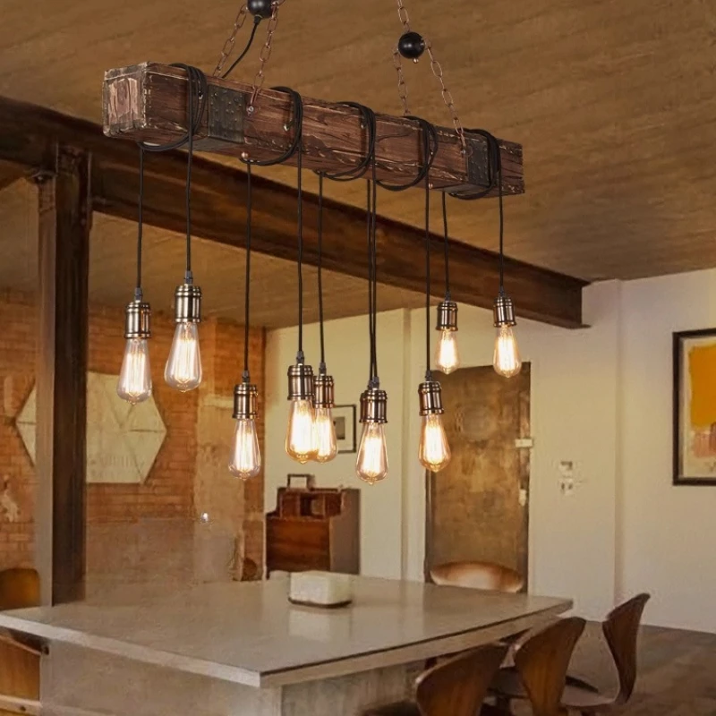 

American Retro Pendant Lights Industrial Cafe Restaurant Bar Counter Clothing Store Creative Personalized Solid Wood Strip Lamps