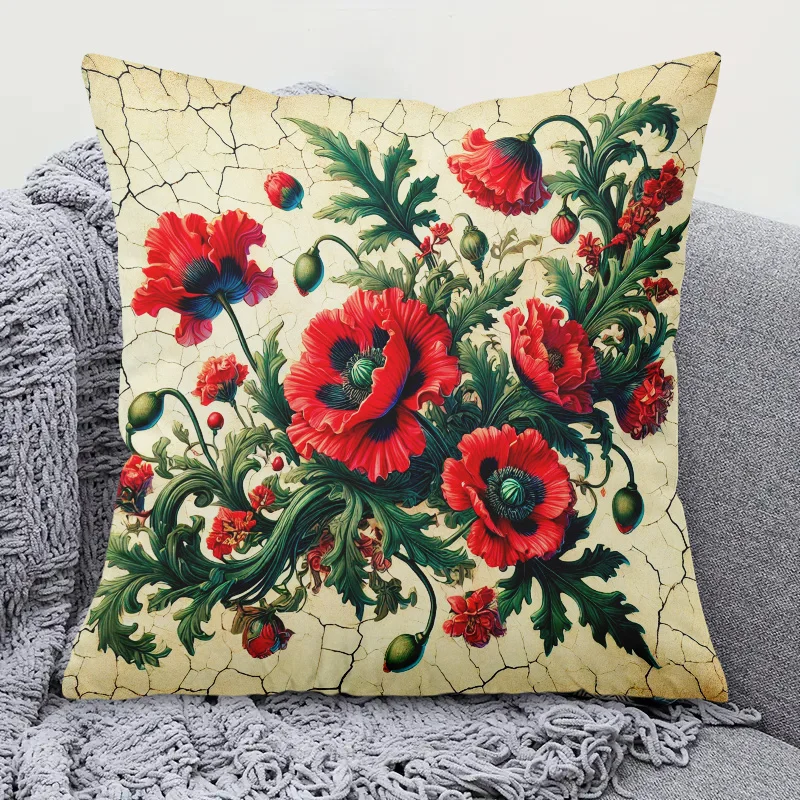1pc 2D Flat Pillow Not Included Red Poppy Flowers Cracked Background Cushion Cover Short Plush Vintage Botanical Decor Gift Case