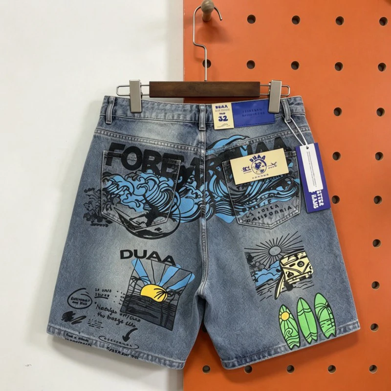 Vinatge Washed Worn Hole Denim Shorts DUAA Jeans Wave Shark Graffiti Print Hip-hop Streetwear Men Women Casual Short Pants