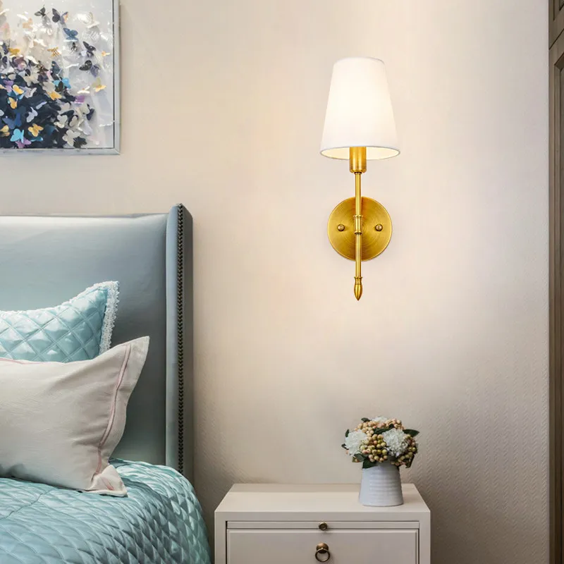 Modern Brass Wall Sconce Luxury Pure Copper 1 2 Lights Bedroom Bedside Light with Tapered Fabric Shade for Corridor