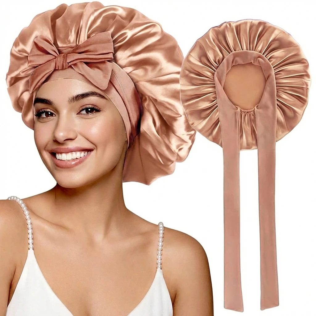 Bonnet de nuit en satin pour femmes, confortable, respirant, doux, pour cheveux bouclés, avec large bord élastique