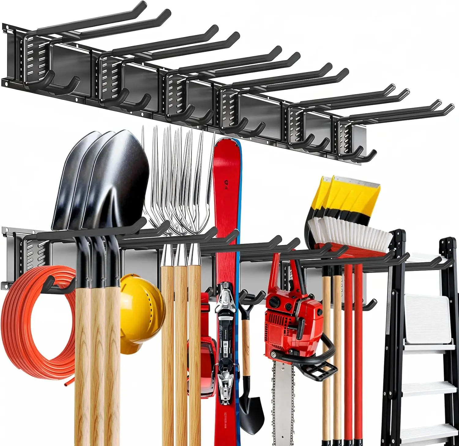 

48-дюймовая усиленная система хранения для гаража с 6 регулируемыми крючками для инструментов, лопат, сноубордов