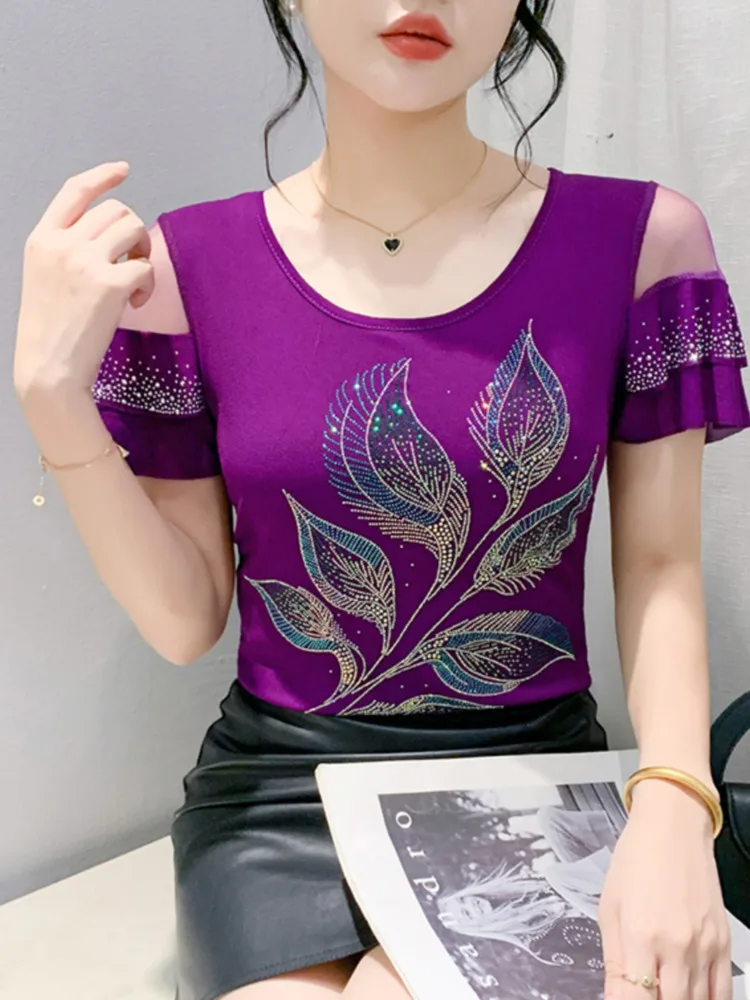 #7213 Black Purple Ruffles Short Sleeve T Shirt Women Round Neck Sexy Diamonds Skinny Tshirt Femme Split Joint Women's Tee Shirt