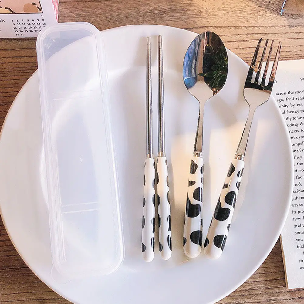 1Set Portable Cute Silverware Set Travel Utensils with Case Fork Spoon Chopsticks Camping Utensils Reusable Travel Cutlery Set