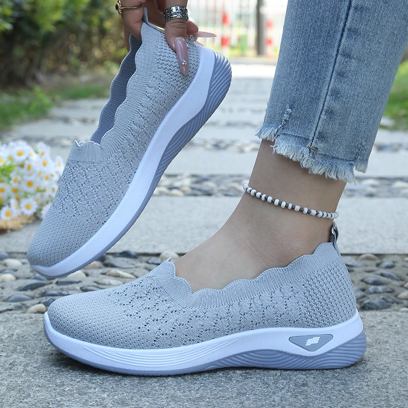 Women's Knit Slip-On Casual Sneakers, Breathable Scallop Trim Lightweight Comfort Walking Shoes, Free Shipping