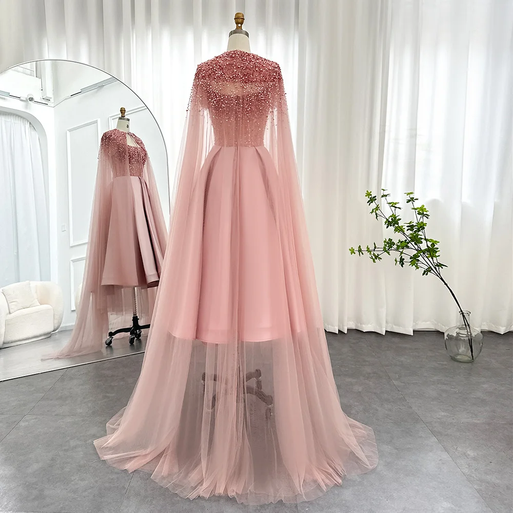 Jancember Luxury Dubai Blush Pink Arabic Evening Dress With Cape 2024 Ankle Length Short Midi Women Wedding Party Dress Scz138